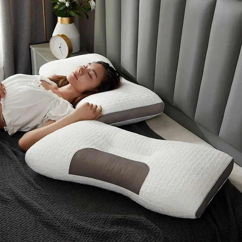 Orthopädisches Kopfkissen mit Massagefunktion und Nackenstütze – Weiß mit grauen Akzenten, 48x74 cm 0